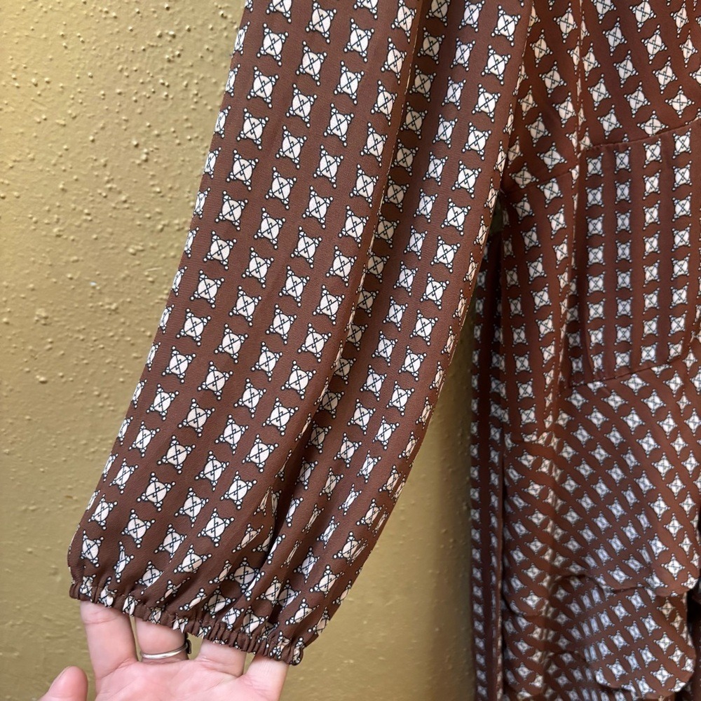 CeCe Brown Geometric Print Long Sleeve Tiered Ruffle Mini Dress XL RN90714 - Picture 2 of 10